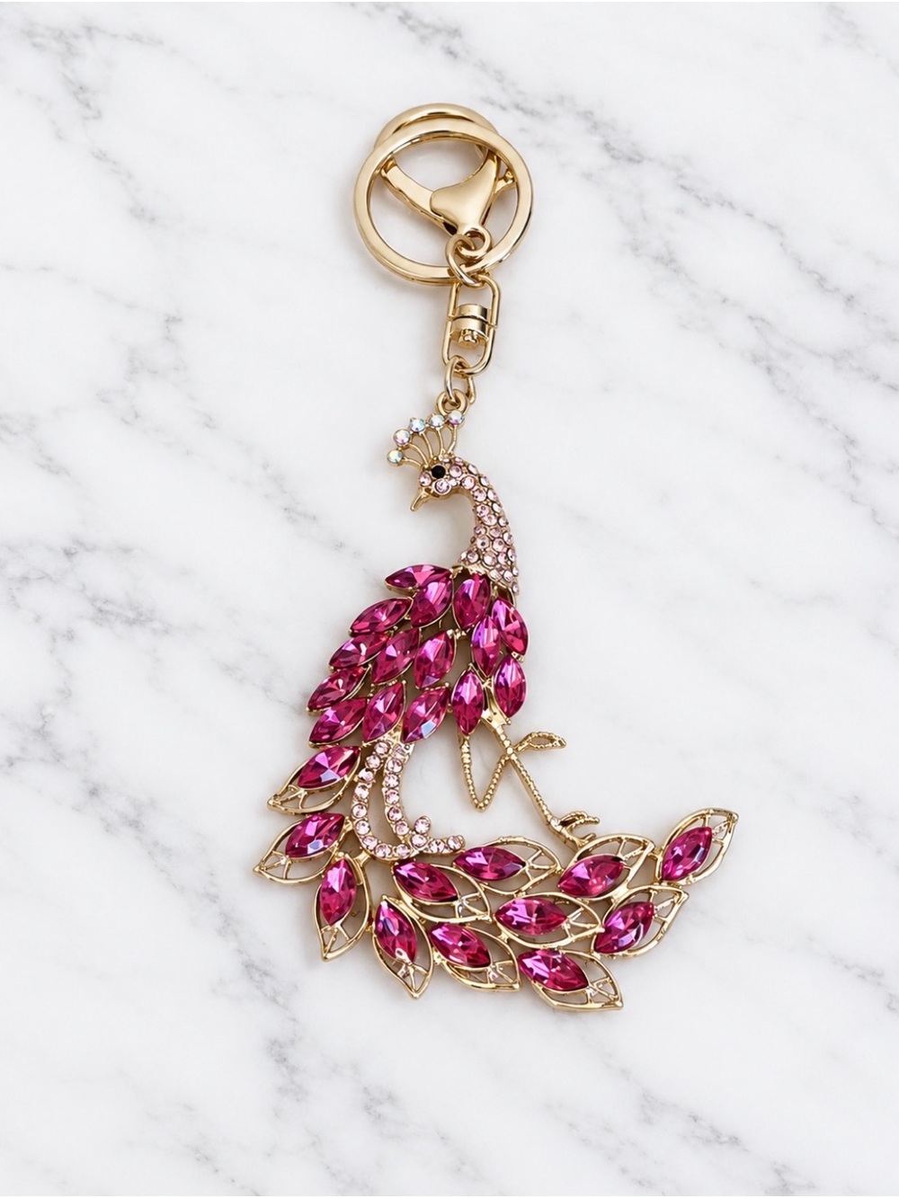 Peacock Bag Charm/Keyring with Pink Crystals Accents - Gold Hardware